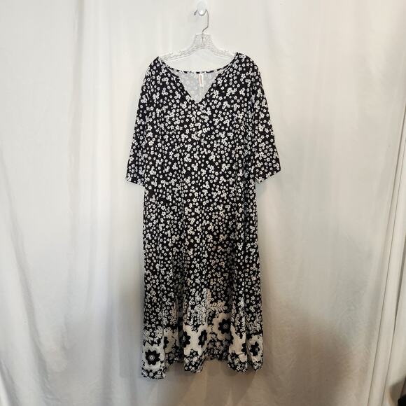 ZOLUCKY Black White Floral SS V Neck Neutral Classic Maxi Dress Cottage Women 2X - Picture 1 of 12